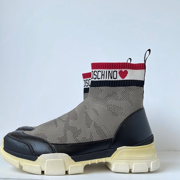 LOVE MOSCHINO Jacquard knit-paneled faux leather high-top sneakers US9 IT39 - Picture 3 of 10